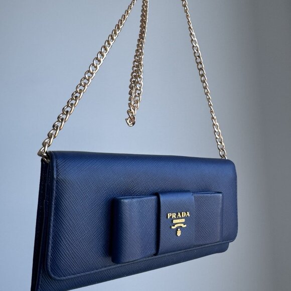 Prada Saffiano Blue Leather Long Wallet. 3 Way Use. W/no Brand Chain - Picture 15 of 16